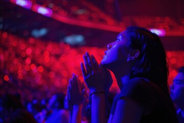 A woman is praying in a crowded stadium