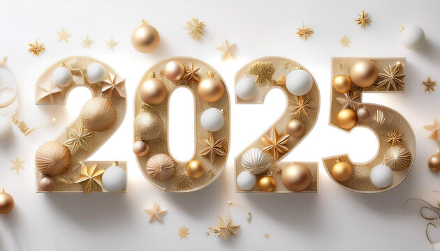 The combination of the number 2025 with the best design and combination of festive elements and ornaments floating or flying isolated white background