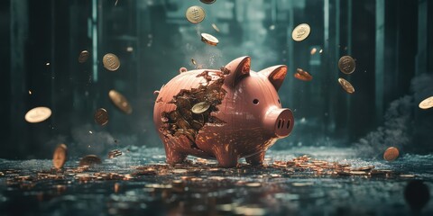 Shattered piggy bank with flying coins, symbolizing financial disintegration, captured in high resolution.