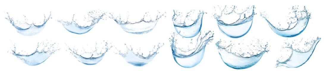 Poster - A series of crystal-clear water splashes against a white background, capturing the dynamic motion and elegance of flowing water, perfect for fresh and clean design concepts. Pure water splashing set.