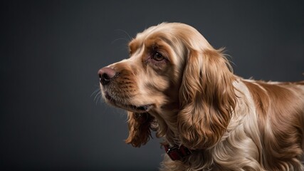 A close-up profile of a golden Cocker Spaniel against a dark background.