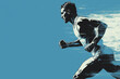 © RetoricMedia - Athletic young man running on light blue background, side view