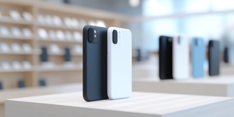 Two smartphones, one in black and one in white, displayed on a modern retail shelf with blurred background.