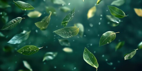 Simple and fresh image of green leaves floating and dancing in the air, creating a light and airy atmosphere. Shot with a professional DSLR camera in high resolution.