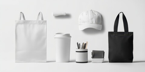 Modern promotional merchandise mockup with T-shirt, tote bag, caps, mugs, and branded items on a white background. High-resolution photo.