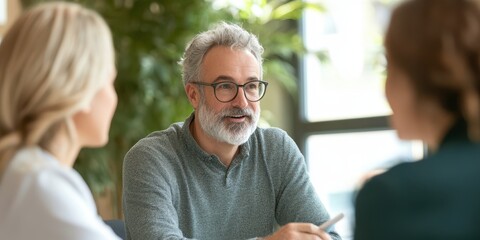 A focused business meeting with a mature man discussing with two colleagues in a modern office environment.