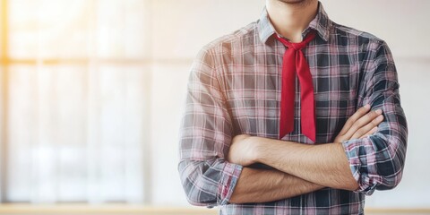 A man stands confidently with arms crossed, casual attire with a tie, in a bright and modern indoor setting.