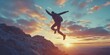 © amelisk - Hiker man jumping at a mountain summit, celebrating success with a vibrant sky background, symbolizing achievement.
