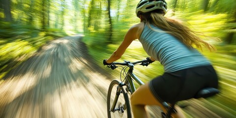 Mountain biking woman riding through summer mountain forests, showcasing the intensity and flow of outdoor trail activities.