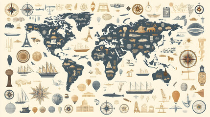 Naklejka na meble A world map with illustrations of different landmarks, animals, and modes of transportation.