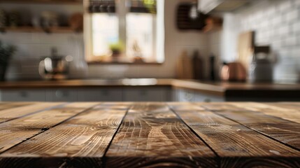 Wooden table surface with blurred kitchen backdrop.