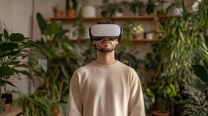 Aufkleber - Young man with VR headset, futuristic tech, online education, gaming
