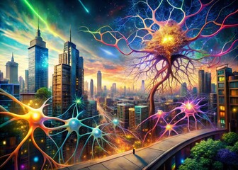 Urban Exploration with Digital Neurons Illustration for Modern Science and Art Integration