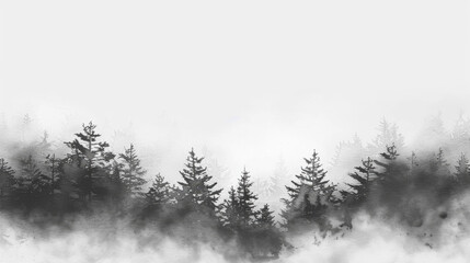 watercolor black and white pine tree forest landscape with fog on isolated background
