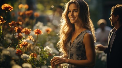 A woman enjoying a sunny day among vibrant flowers, exuding joy and tranquility.