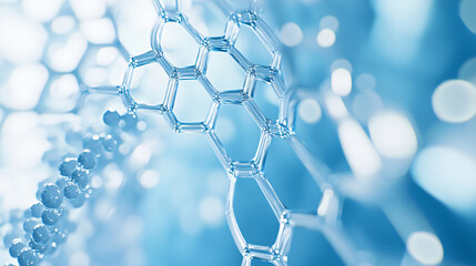 Poster - A close-up image of molecular structures showcases interconnected hexagons and spheres in shades of blue, creating a scientific and dynamic visual for science.