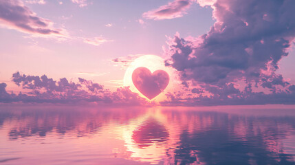 Poster - A large heart shape glows brightly over a calm water surface at sunset, reflecting soft pastel colors and creating a serene atmosphere for culture & religion.