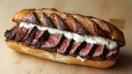 Wall Mural - Steak Sandwich with Horseradish Cream - sliced steak in a baguette with a creamy horseradish sauce