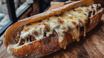 Wall Mural - Meatball Sub with Melted Cheese - a baguette filled with meatballs and topped with melted cheese