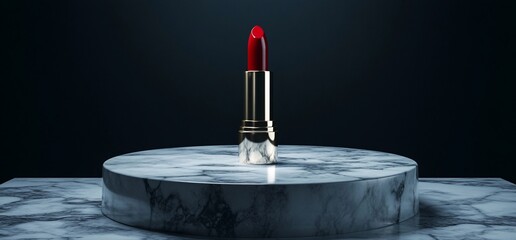 Red lipstick on a marble podium with a dark background.