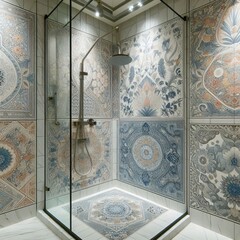Aufkleber - color of the shower stall white beige blue patterned ;