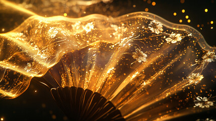 Poster - A close-up of an ornate golden fan adorned with floral patterns, surrounded by shimmering particles against a dark background for graphic resources.