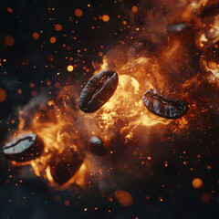 Poster - Coffee beans are depicted floating in a fiery explosion of sparks and glowing particles, creating an intense and dynamic visual representation of energy and flavor for food.