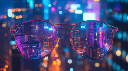 Poster - A pair of stylish sunglasses reflects a vibrant city skyline at night with colorful lights, creating a stunning visual effect against a dark backdrop for lifestyle.
