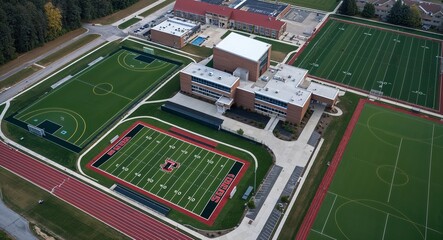 Poster - Overhead view of school campus with athletic fields
