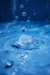 Poster - A close-up image of water droplets splashing onto a surface, creating concentric ripples with a clear droplet suspended above, all set against a deep blue background for science.