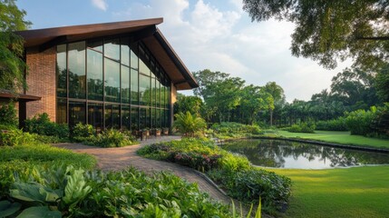 Wall Mural - Large glass windowed modern green building amidst lush vegetation and peaceful pond