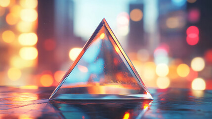 Poster - A glass pyramid sits atop a reflective surface, capturing colorful bokeh lights in the background, creating a striking visual contrast in a vibrant urban setting for technology.
