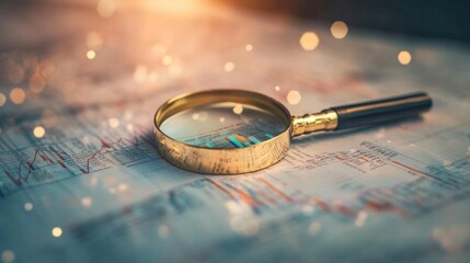 Poster - Magnifying glass positioned on business charts, signifying financial data analysis and research.