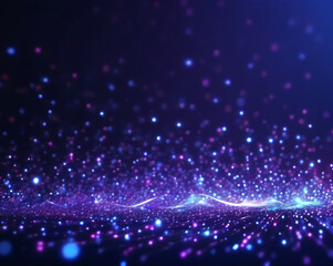 Poster - An abstract illustration of a vibrant cosmic landscape filled with sparkling particles and glowing lights, creating a sense of depth and movement in shades of purple and blue for graphic resources.