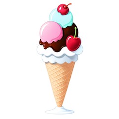 A three-scoop ice cream cone with chocolate sauce, topped with two cherries on a white background.