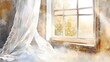 © Mingpon - Watercolor Artistic using soft, brushy watercolor strokes, Soft Color, Single object picture - a delicate lace curtain flowing in the breeze from an open window
