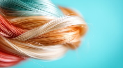 Poster - An abstract swirled pattern of vibrant multicolored hair strands, including shades of orange, blue, and white, elegantly contrasts against a bright teal background.