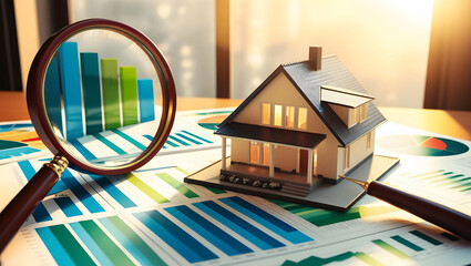Poster - A magnifying glass focuses on a model house, surrounded by colorful graphs, representing real estate analysis and market trends.