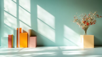 Aufkleber - Neatly arranged colorful books and a floral decor piece rest against a teal textured wall, bathed in gentle light from a large window, creating a serene atmosphere.