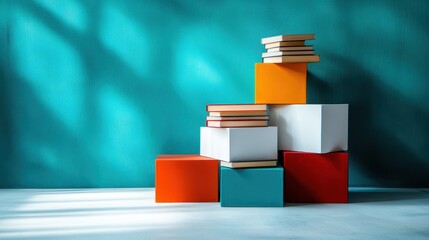 Poster - A series of colorful boxes stack against a teal wall, creating dynamic shadows with an artistic vibe, enhanced by a diffusion of natural light patterns.