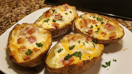 Wall Mural - Loaded Potato Skins with Bacon and Cheese - crispy potato skins topped with melted cheese and bacon