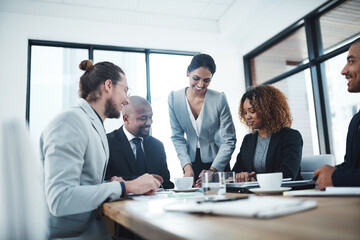 Poster - Brainstorming, talking and happy in meeting, group and documents of financial report, team and boardroom. Office, discussion and corporate people with communication, colleagues and insurance company