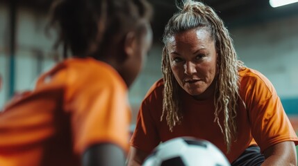 A determined coach with dreadlocks mentors young soccer players, instilling teamwork and strength in a dynamic sports setting, captured with vibrant action.