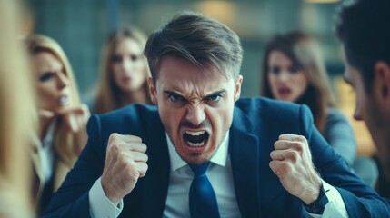 A man in a suit is angry and throwing his hands up in the air