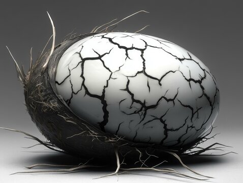 Cracked Eggshell with Embryo, 3D Rendering
