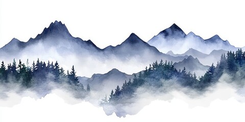 Wall Mural - Foggy Mountain Landscape in Watercolor Style