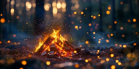 A warm campfire flickers in a tranquil forest. Soft golden sparks dance in the air, creating a cozy atmosphere. Perfect for outdoor gatherings and adventure scenes. AI