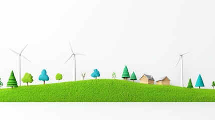 Green landscapes with wind turbines and solar panels represent clean energy and sustainability.