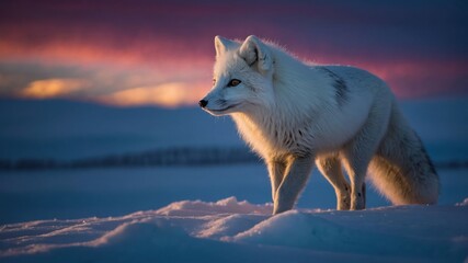 a majestic arctic fox stands on snow against a vibrant sunset backdrop.