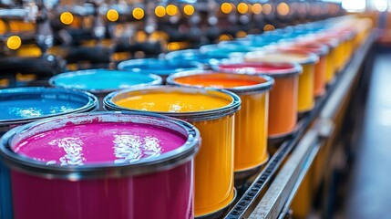 Wall Mural - Rows of Colorful Paint Cans on a Conveyor Belt